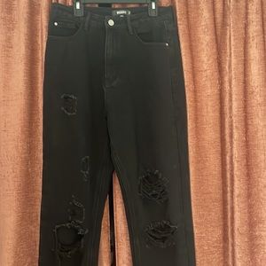Missguided High-Waisted Jeans - black, ripped, Sz 4